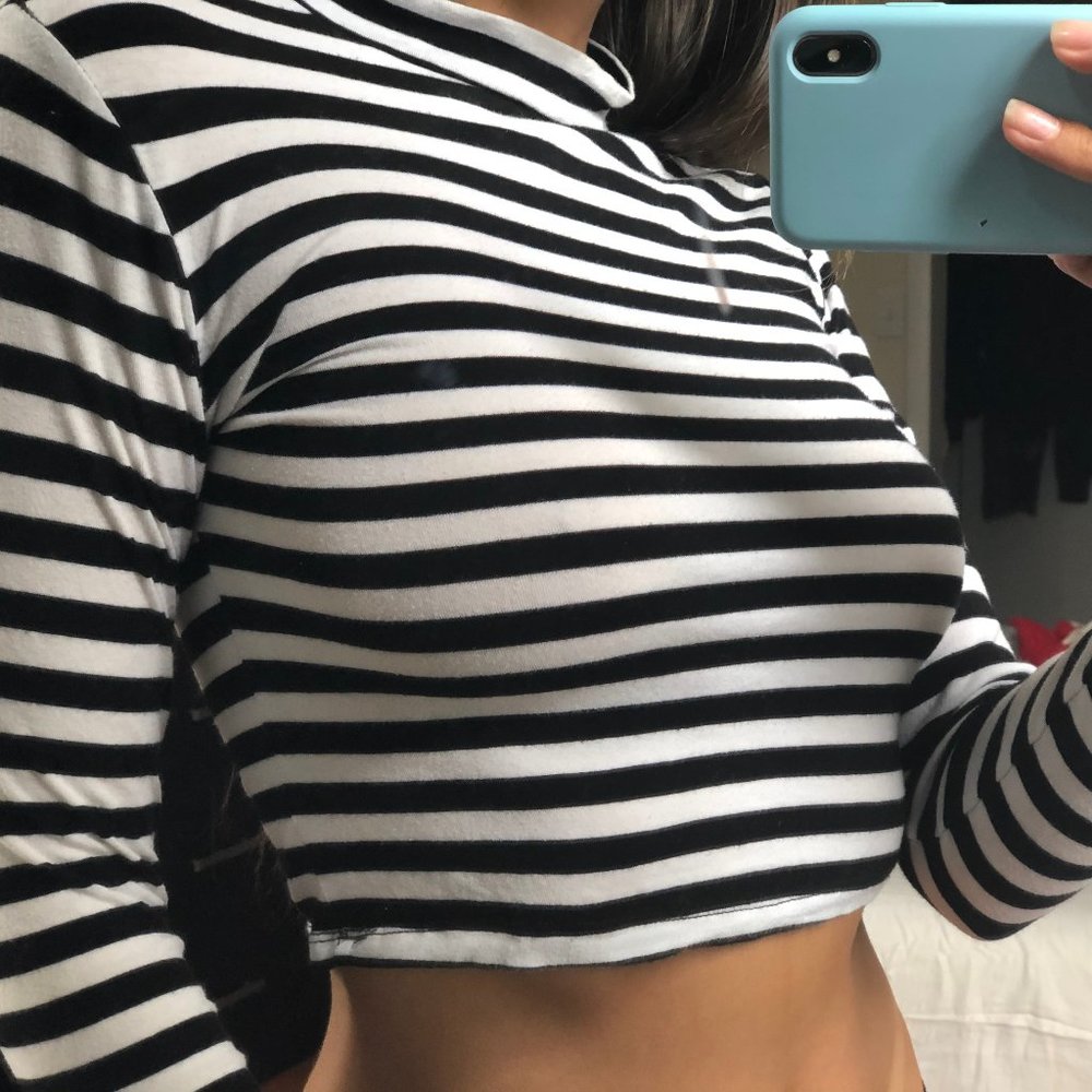 Turtle Neck Striped Crop Top